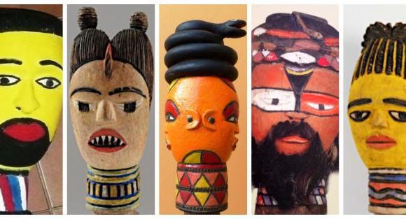 De gauche à droite : les marottes de « kébé-kébé » font référence à l’histoire (l’explorateur Pierre Savorgnan de Brazza), aux mythes fondamentaux (la mère des jumeaux), aux cosmogonies (le serpent comme principe de la connaissance), à la maîtrise des forces de la nature (le maître du serpent), à l’esthétique (la beauté de la femme). DR